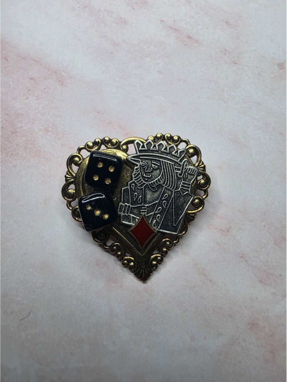Vintage King of Diamonds Casino Brooch Heart Las Vegas Dice Pin